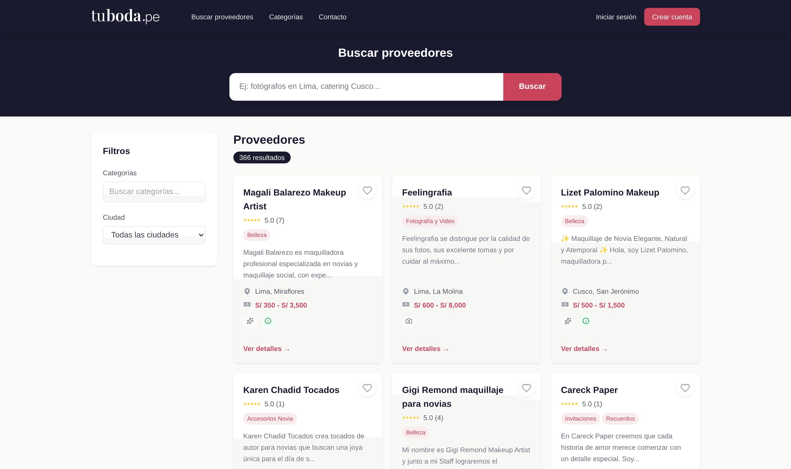 Vendor search page showing filters, ratings, prices and wedding businesses
