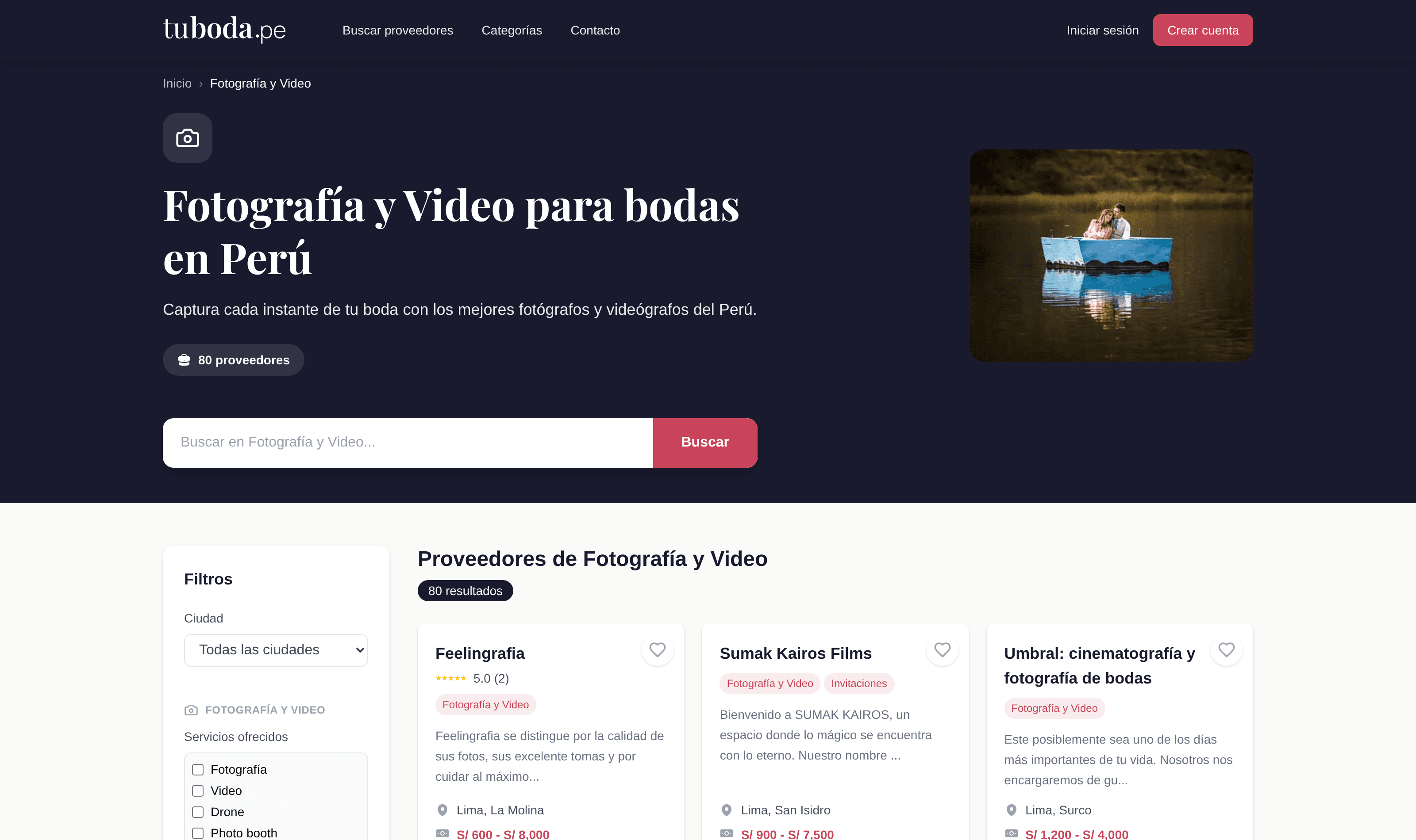 Photography and video category page with category-specific search and service filters