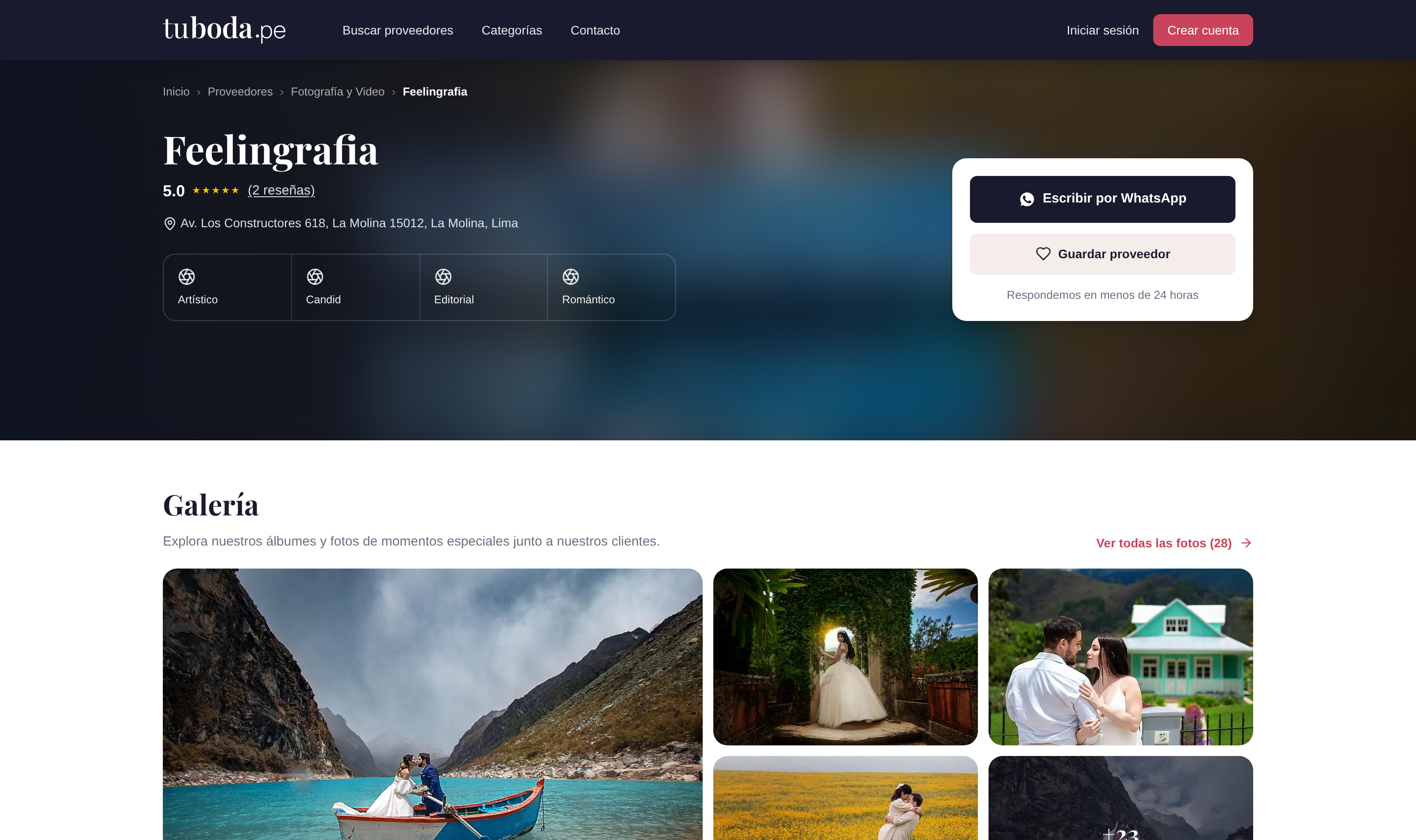 Public vendor profile showing rating, location, style information, WhatsApp contact and photo gallery