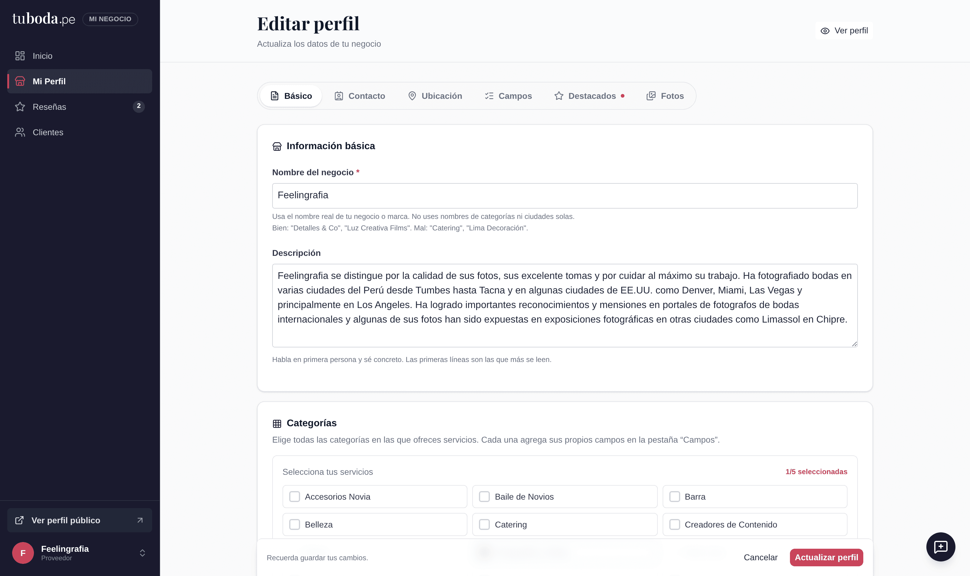 Vendor portal showing profile editing, categories and content management