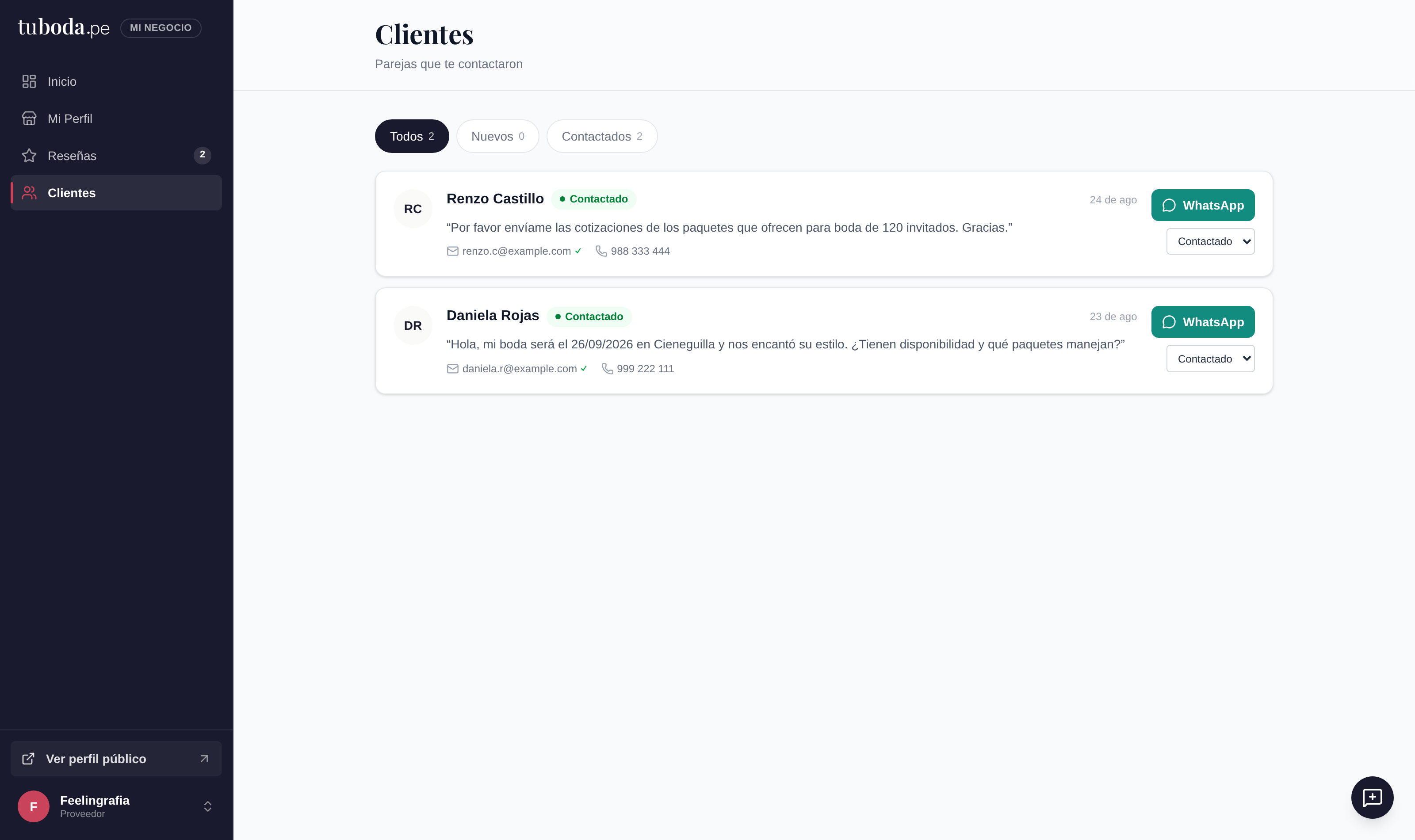 Vendor clients area showing enquiries, messages, contact status and WhatsApp response actions