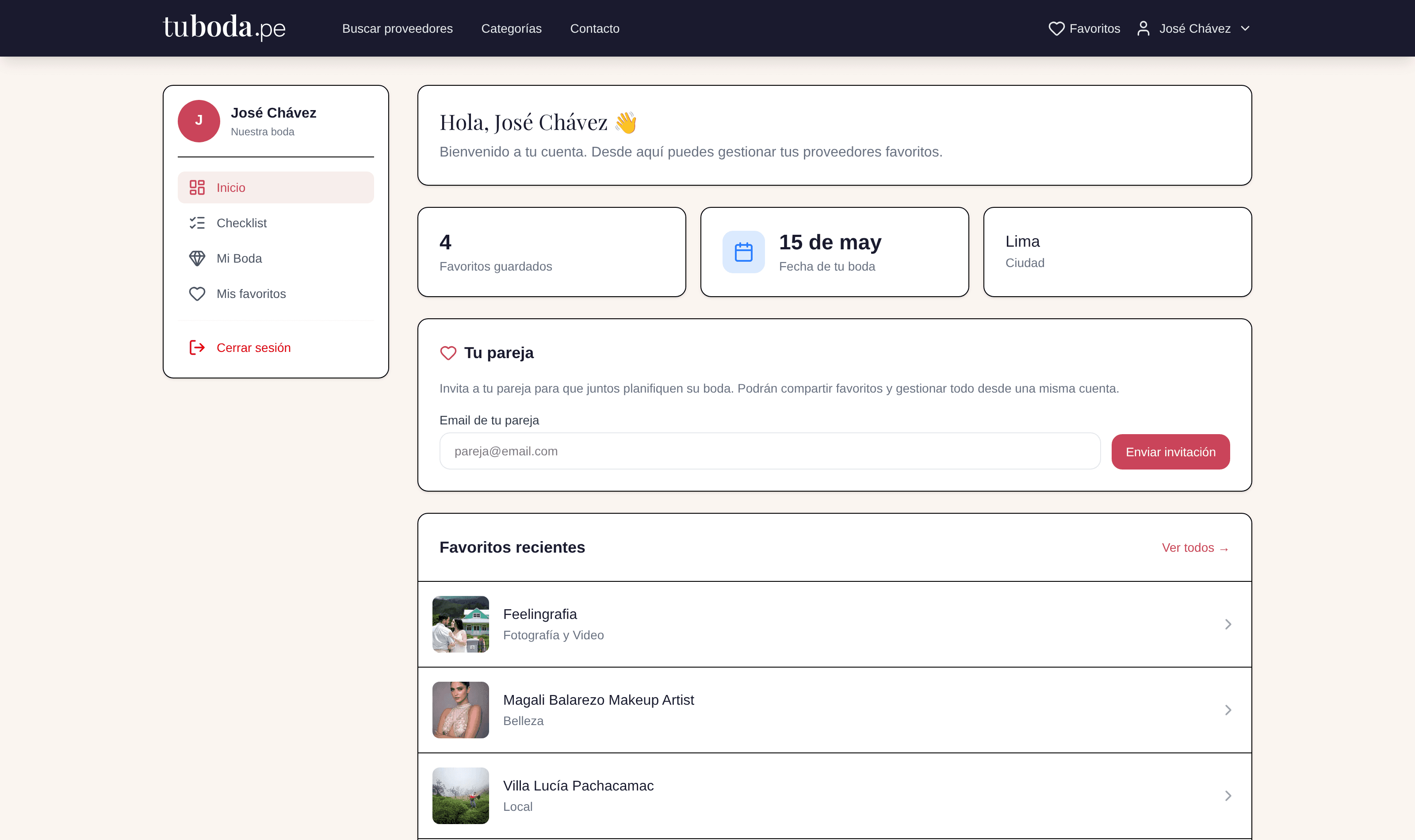 Couple dashboard showing wedding date, city, favorites and saved wedding vendors