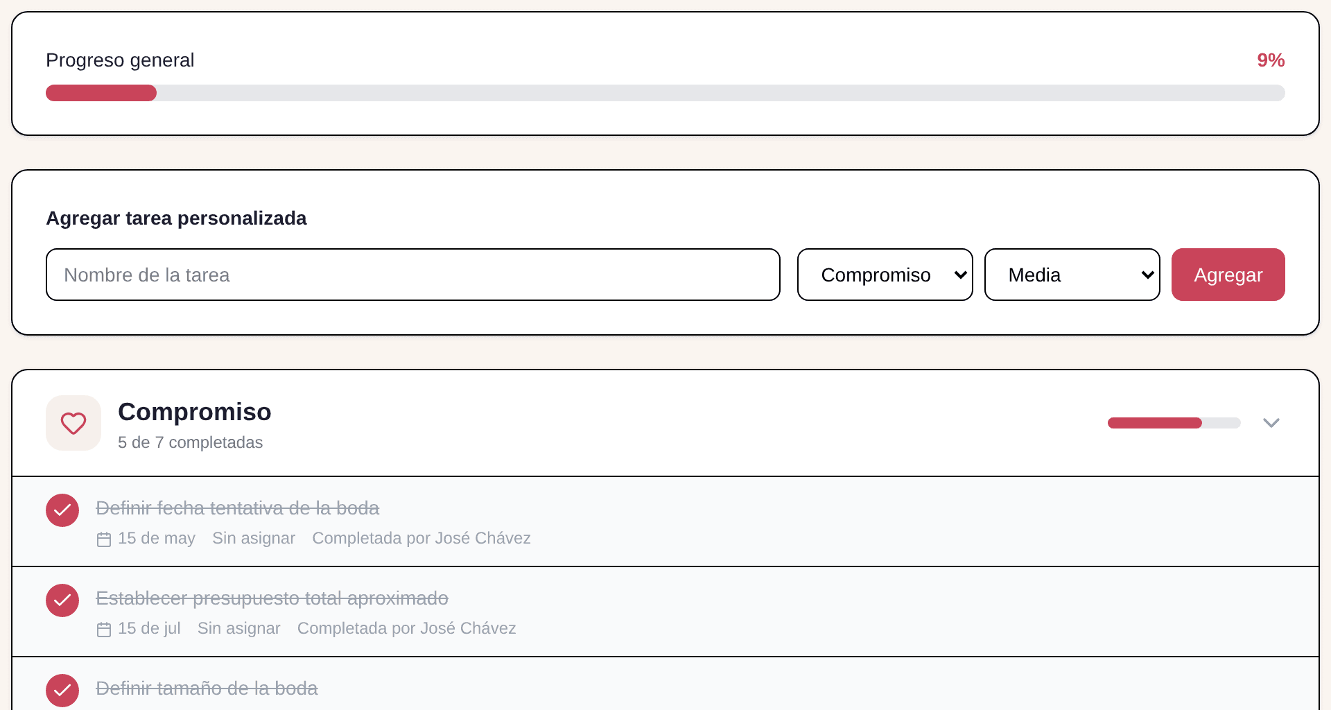 Wedding checklist showing overall progress, custom task creation and completed planning tasks