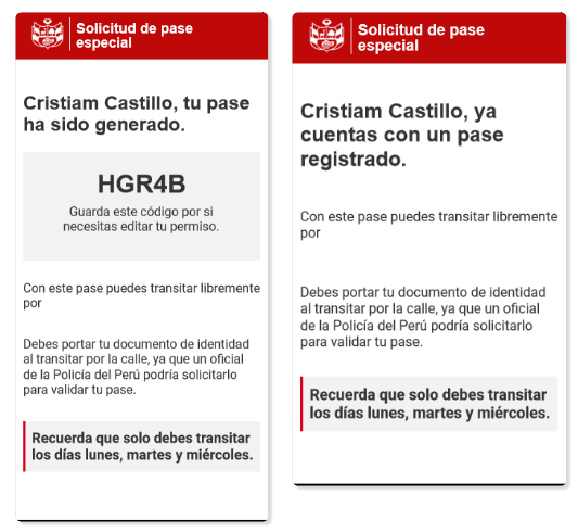 Possible responses shown to citizens when requesting a digital mobility pass