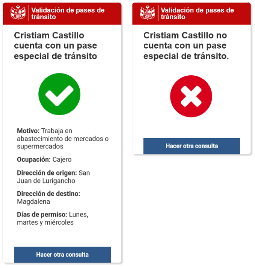 Possible responses displayed when authorities validate a digital mobility pass