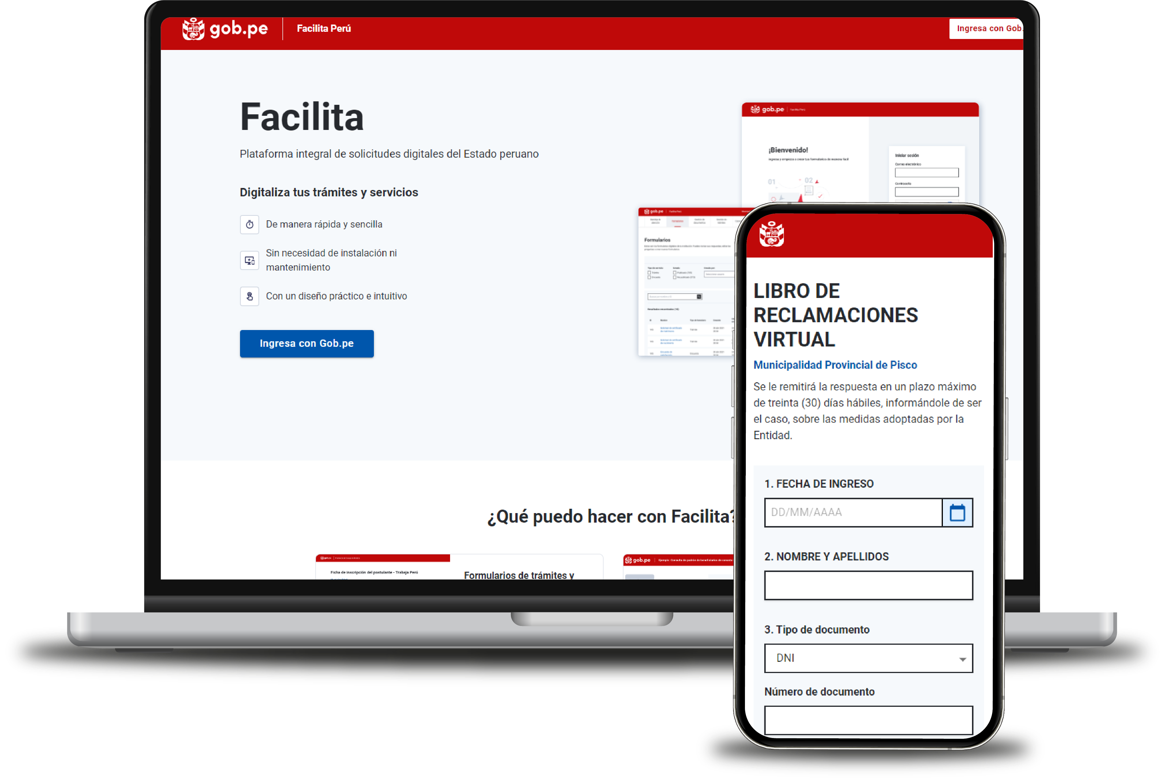 Facilita Perú digital platform shown across different screens